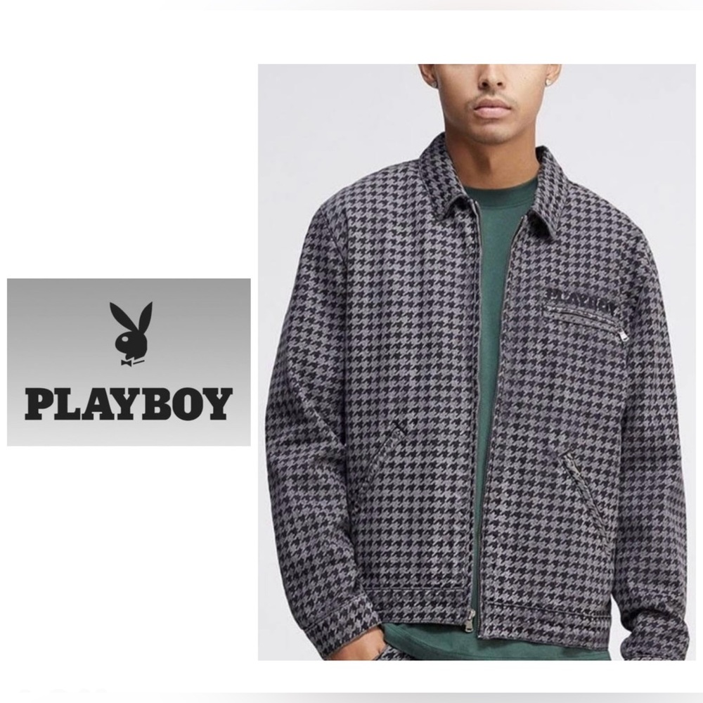 PLAYBOY Denim Houndstooth Trucker Jacket in Gray and Black. Size Medium.